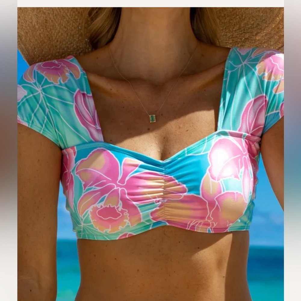 Kenny Flowers Aqua, Pink & Yellow Floral Bikini Top